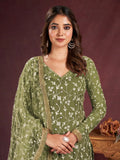 Attractive Olive Green Embroidered Net Salwar Kameez With Dupatta - Zeel Clothing