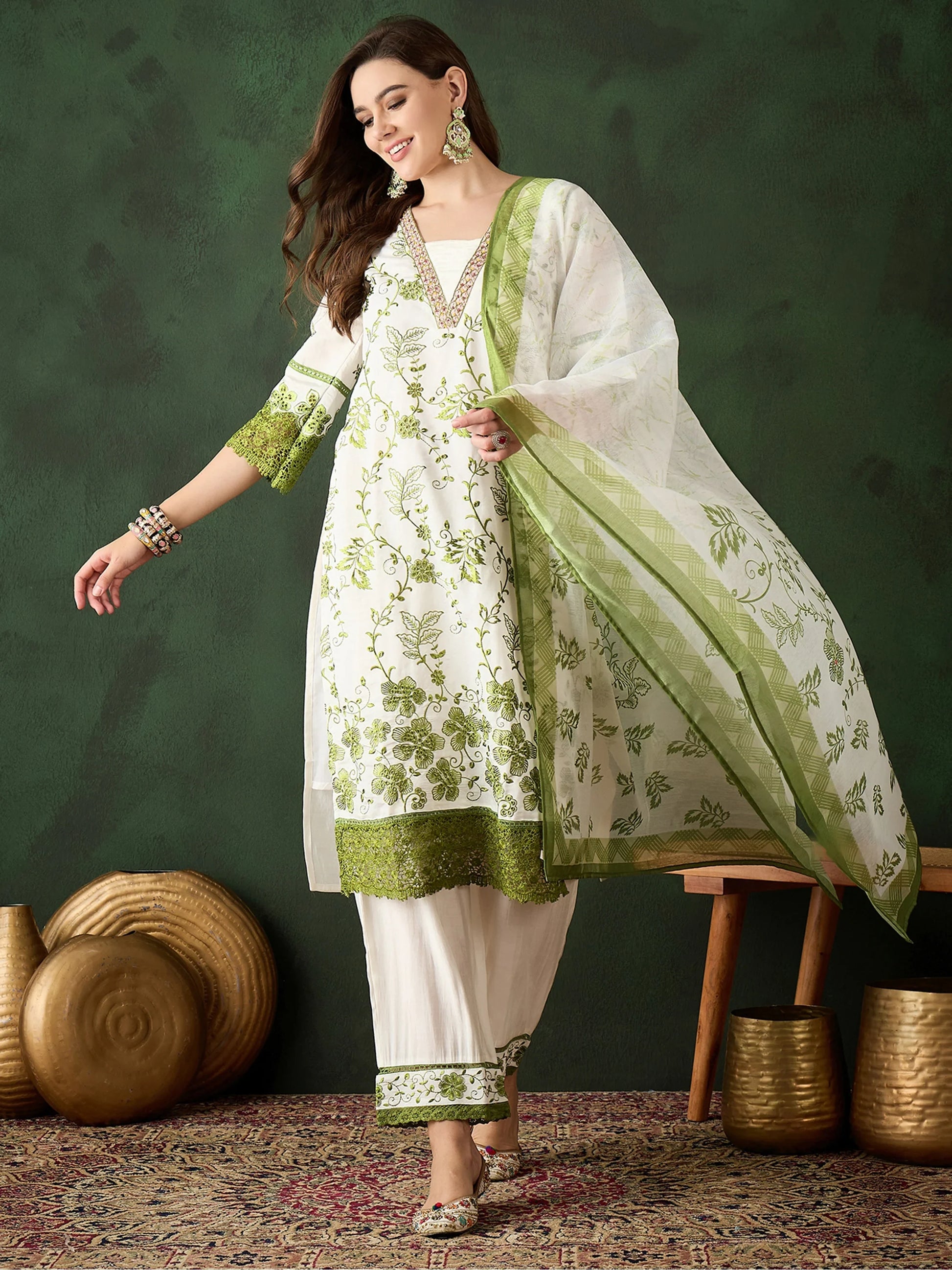 Attractive Olive Green Embroidered Silk Festival Wear Pant Suit - Zeel Clothing