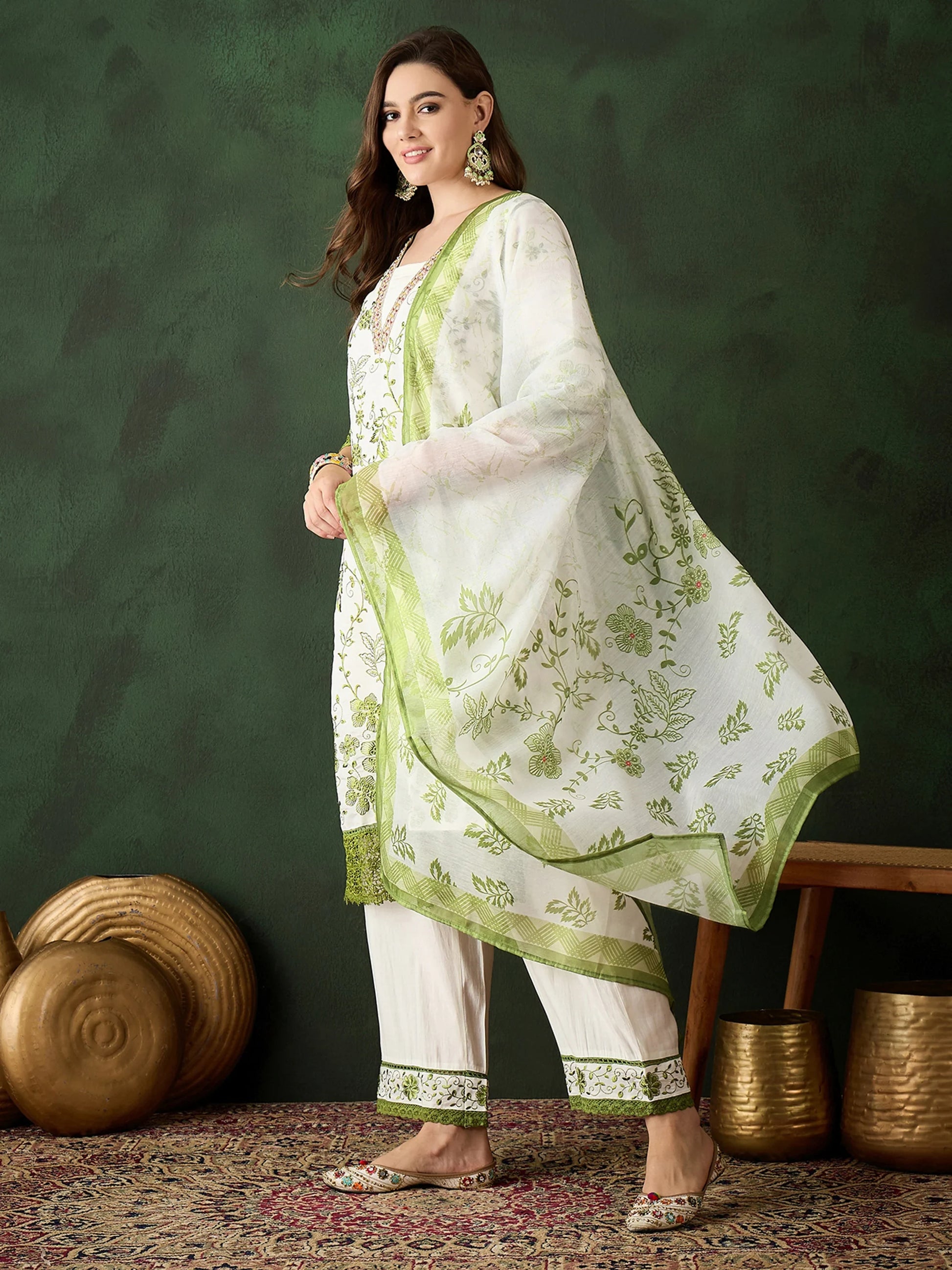 Attractive Olive Green Embroidered Silk Festival Wear Pant Suit - Zeel Clothing