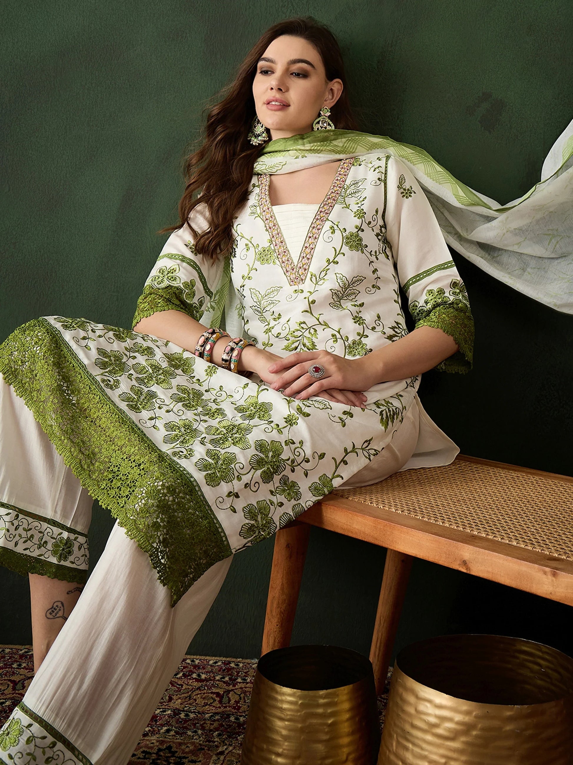 Attractive Olive Green Embroidered Silk Festival Wear Pant Suit - Zeel Clothing