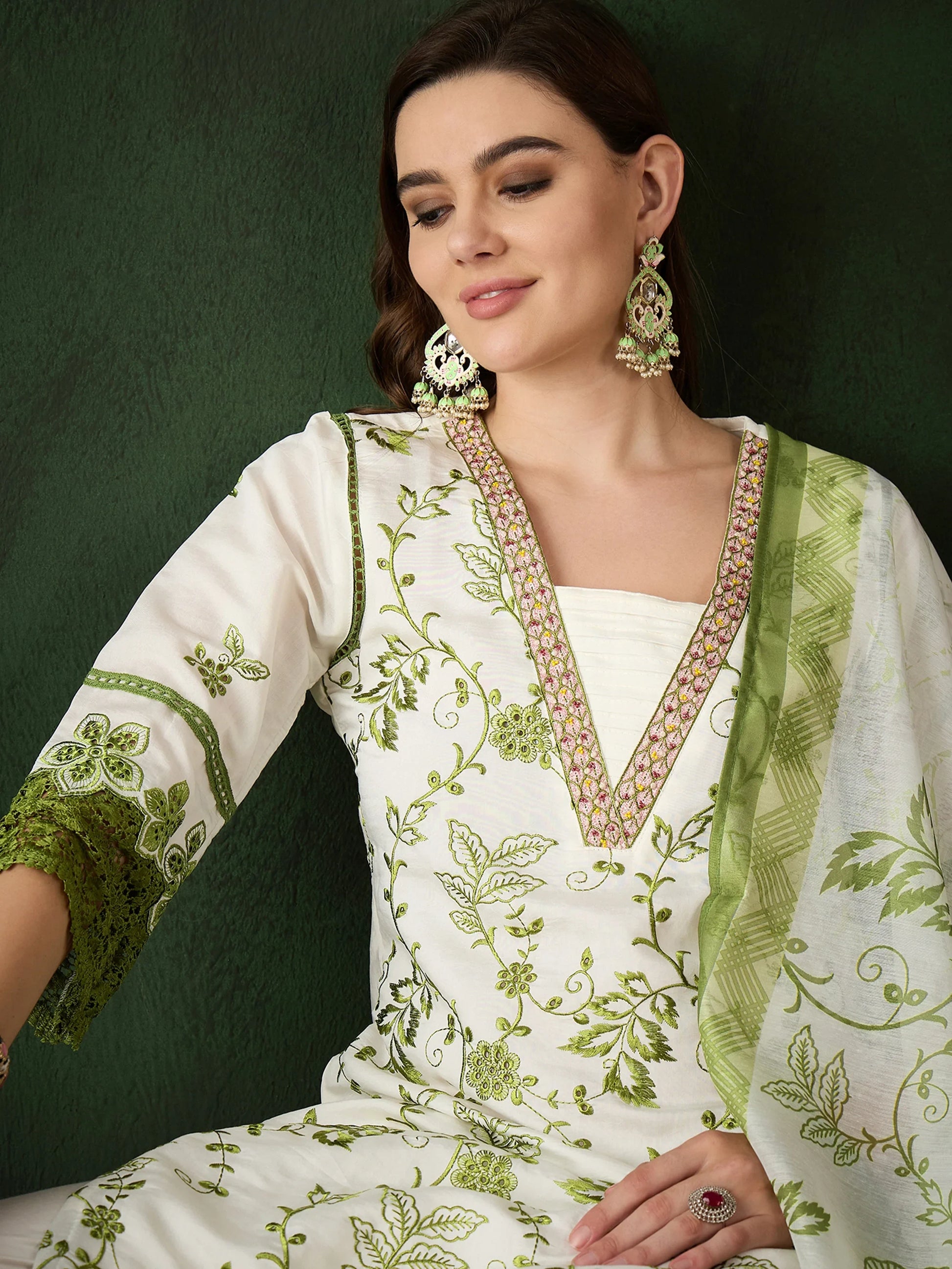 Attractive Olive Green Embroidered Silk Festival Wear Pant Suit - Zeel Clothing