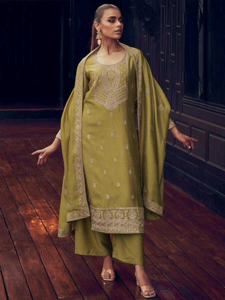 Attractive Olive Green Embroidered Silk Festive Wear Suit Pant With Dupatta