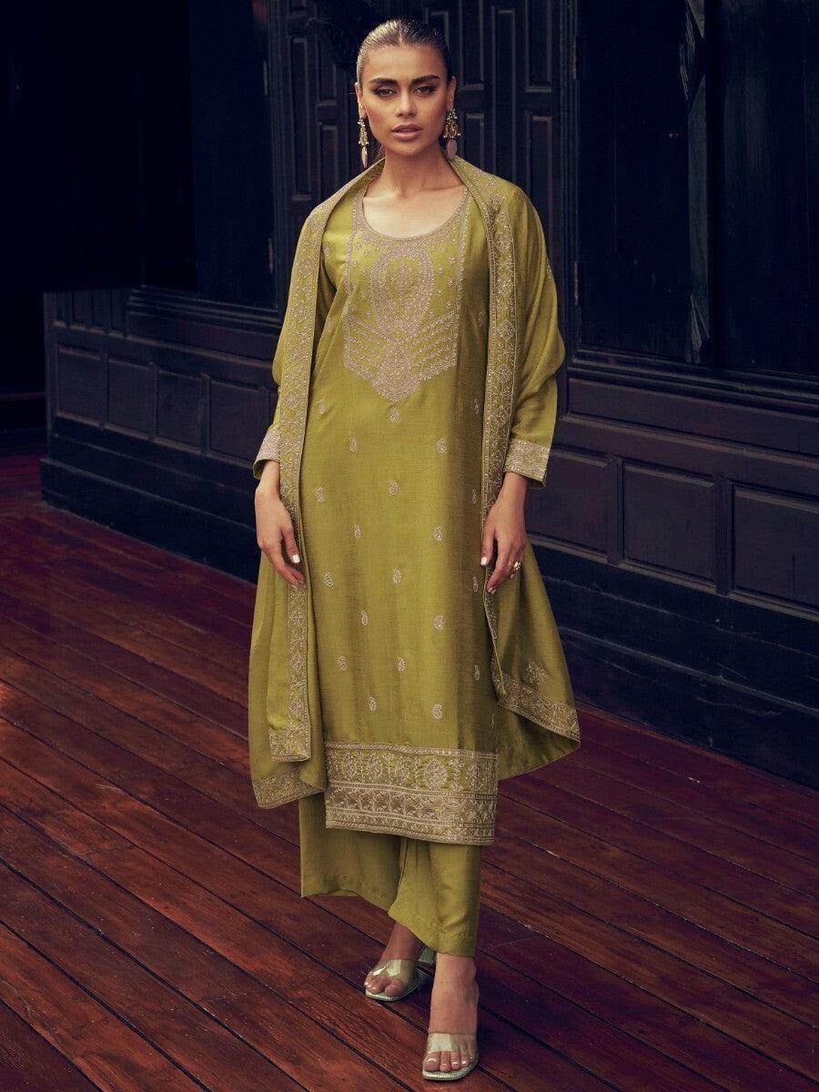 Attractive Olive Green Embroidered Silk Festive Wear Suit Pant With Dupatta - Zeel Clothing
