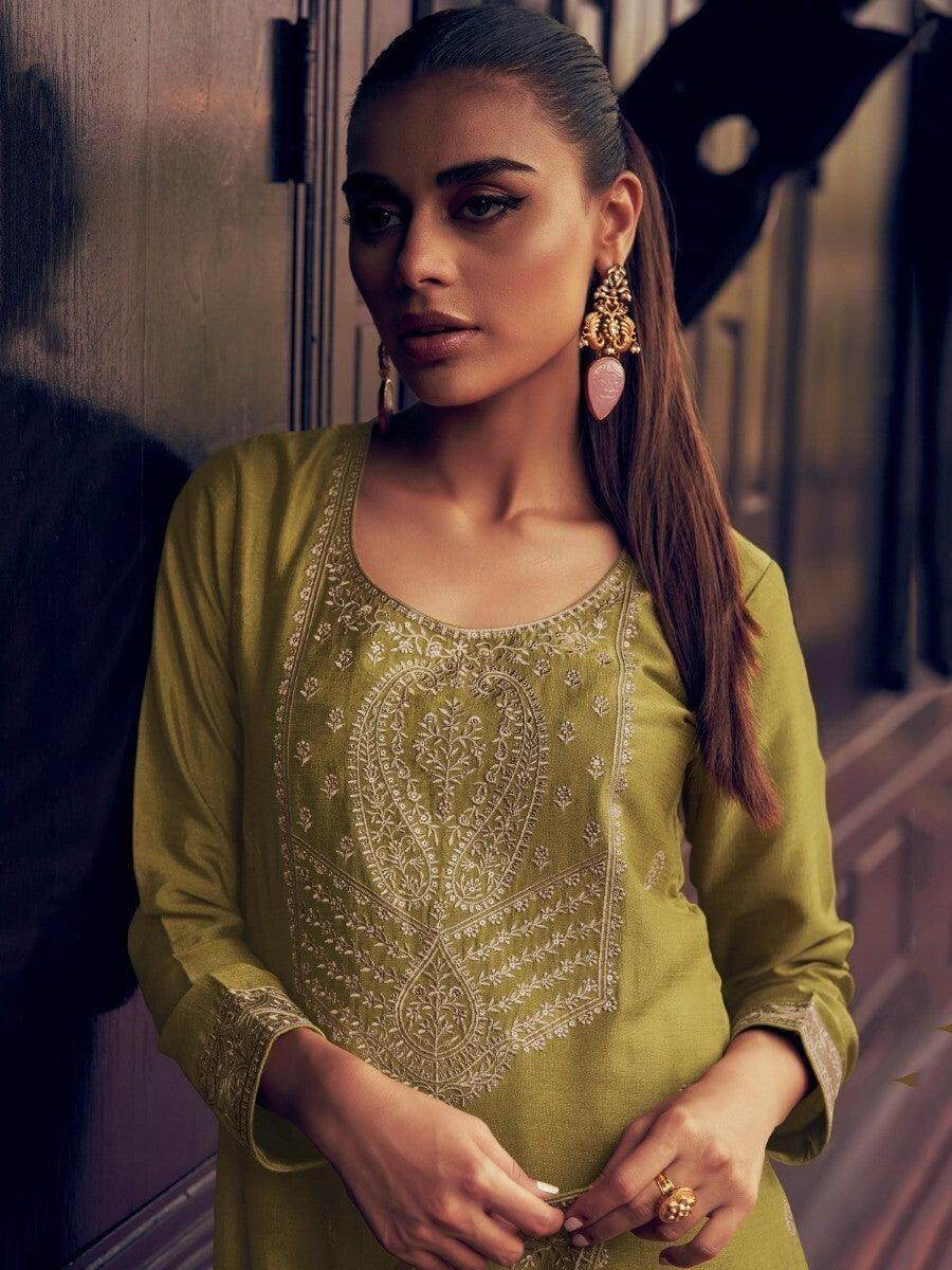 Attractive Olive Green Embroidered Silk Festive Wear Suit Pant With Dupatta - Zeel Clothing