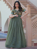 Attractive Olive Green Multi Thread Work Organza Gown With Koti - Zeel Clothing