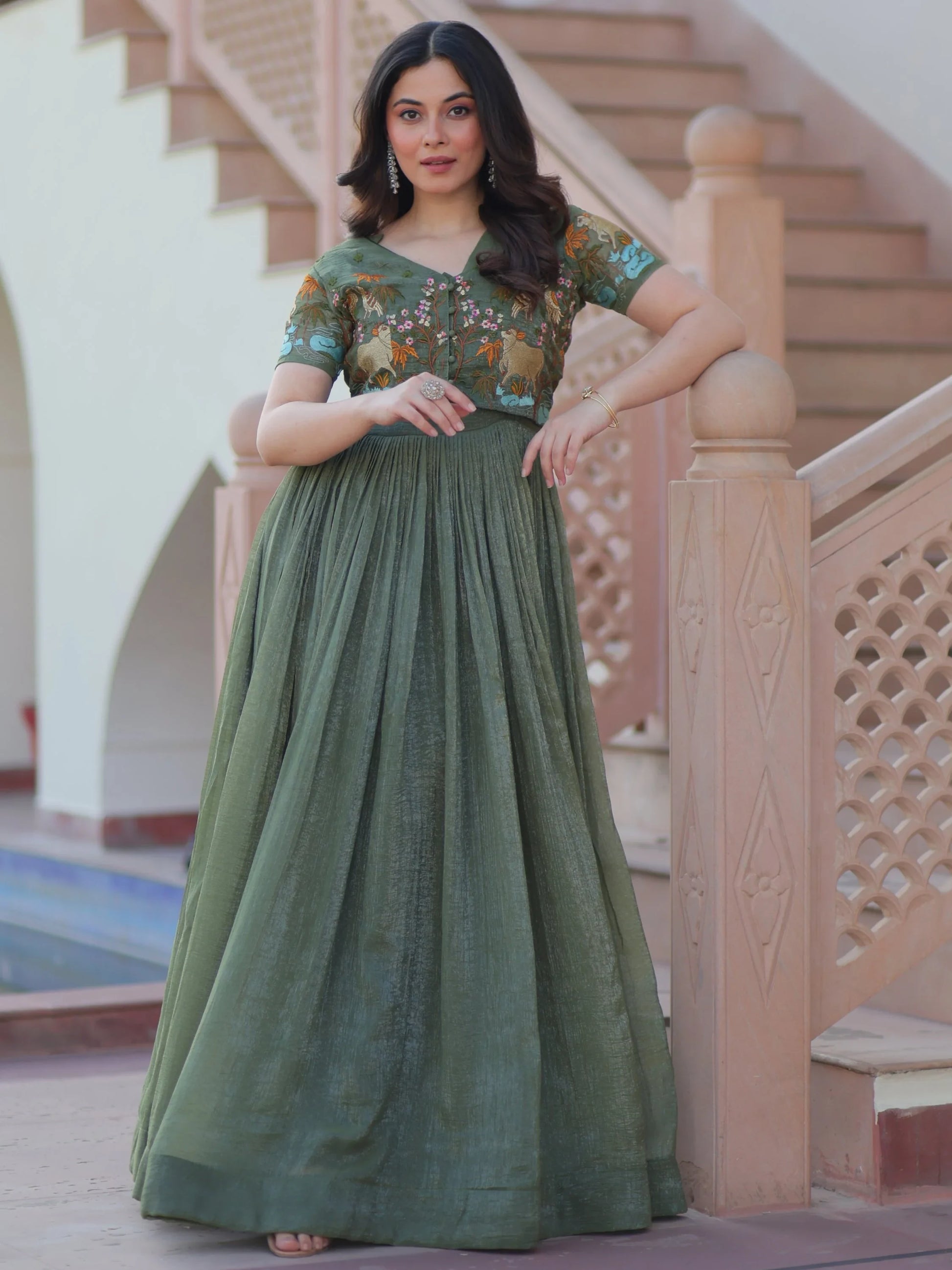 Attractive Olive Green Multi Thread Work Organza Gown With Koti - Zeel Clothing