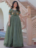 Attractive Olive Green Multi Thread Work Organza Gown With Koti - Zeel Clothing