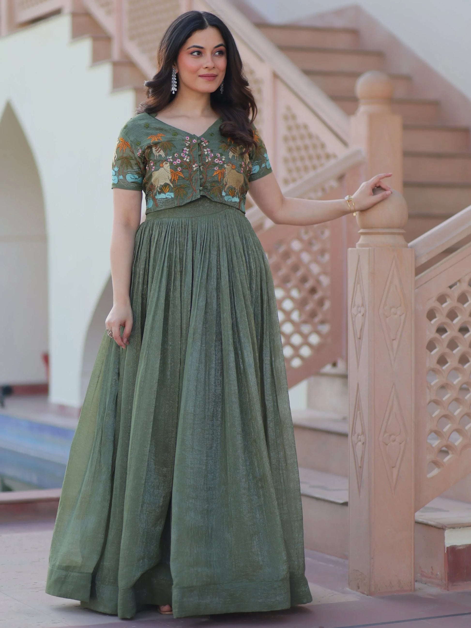 Attractive Olive Green Multi Thread Work Organza Gown With Koti - Zeel Clothing
