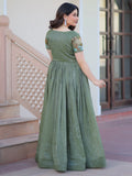 Attractive Olive Green Multi Thread Work Organza Gown With Koti - Zeel Clothing