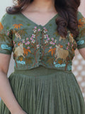 Attractive Olive Green Multi Thread Work Organza Gown With Koti - Zeel Clothing