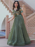 Attractive Olive Green Multi Thread Work Organza Gown With Koti - Zeel Clothing
