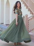 Attractive Olive Green Multi Thread Work Organza Gown With Koti - Zeel Clothing