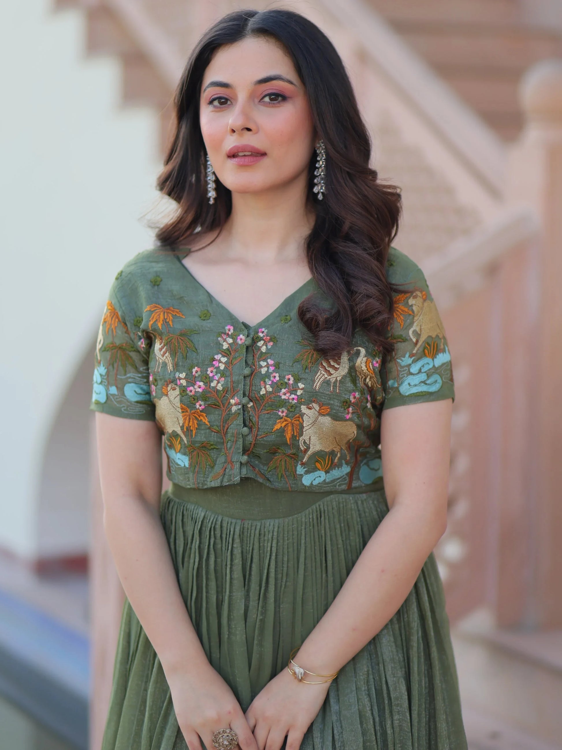 Attractive Olive Green Multi Thread Work Organza Gown With Koti - Zeel Clothing