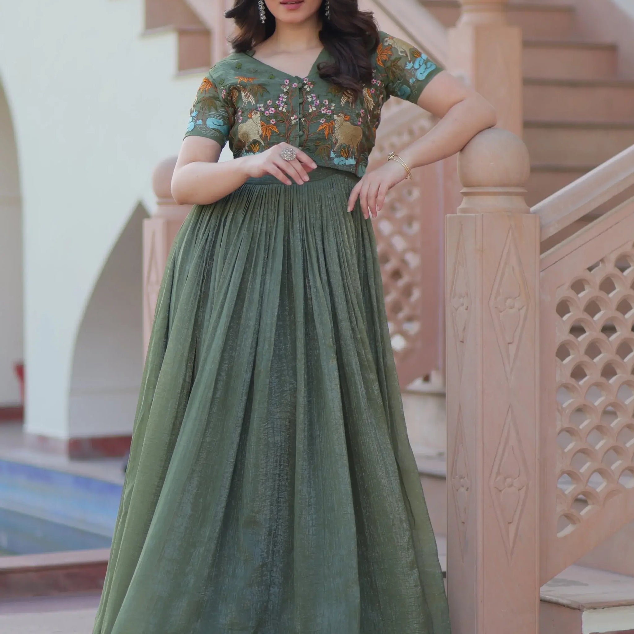 Attractive Olive Green Multi Thread Work Organza Gown With Koti - Zeel Clothing