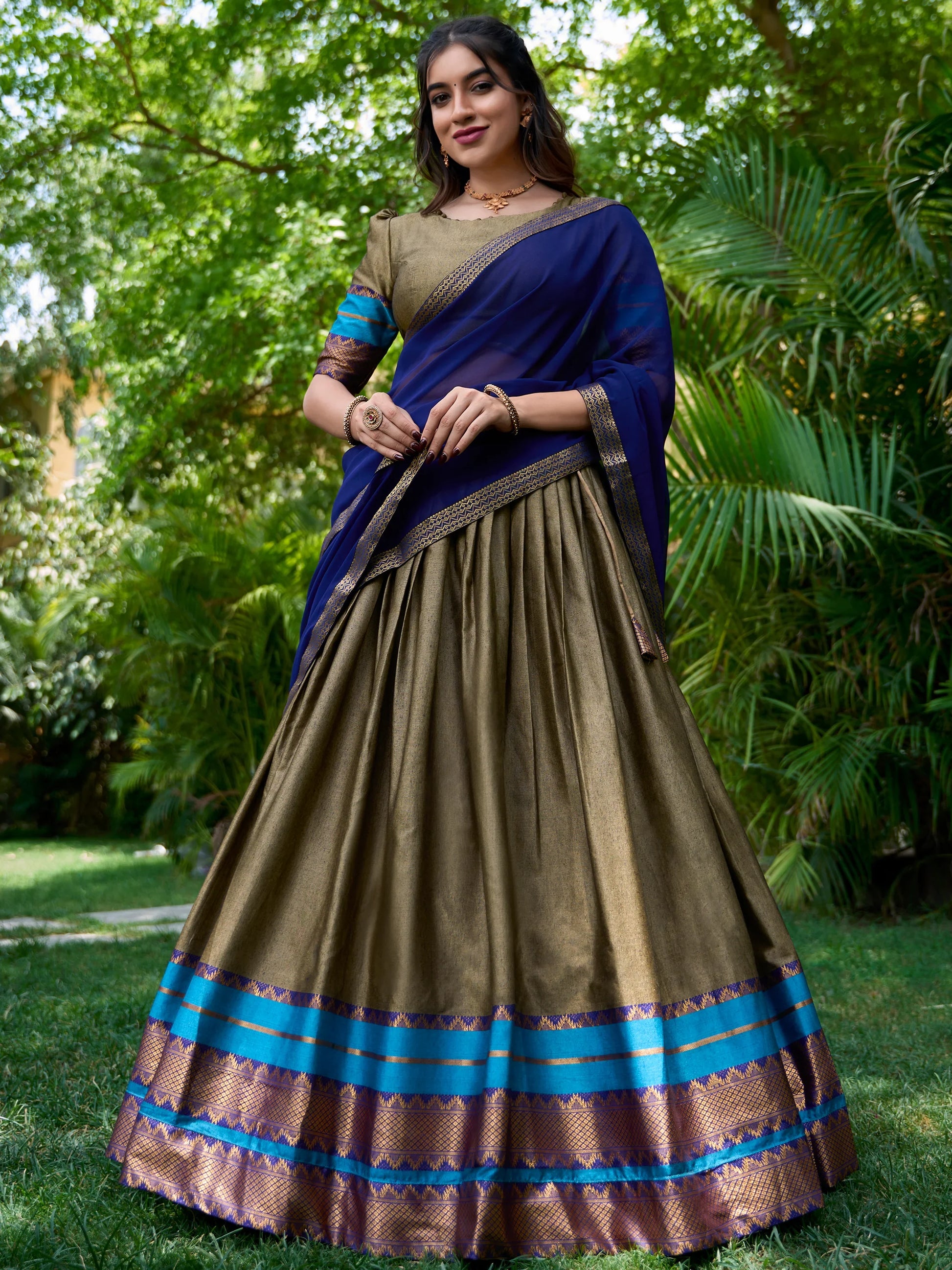 Attractive Olive Green Zari Weaving Cotton Traditional Half Saree Lehenga - Zeel Clothing