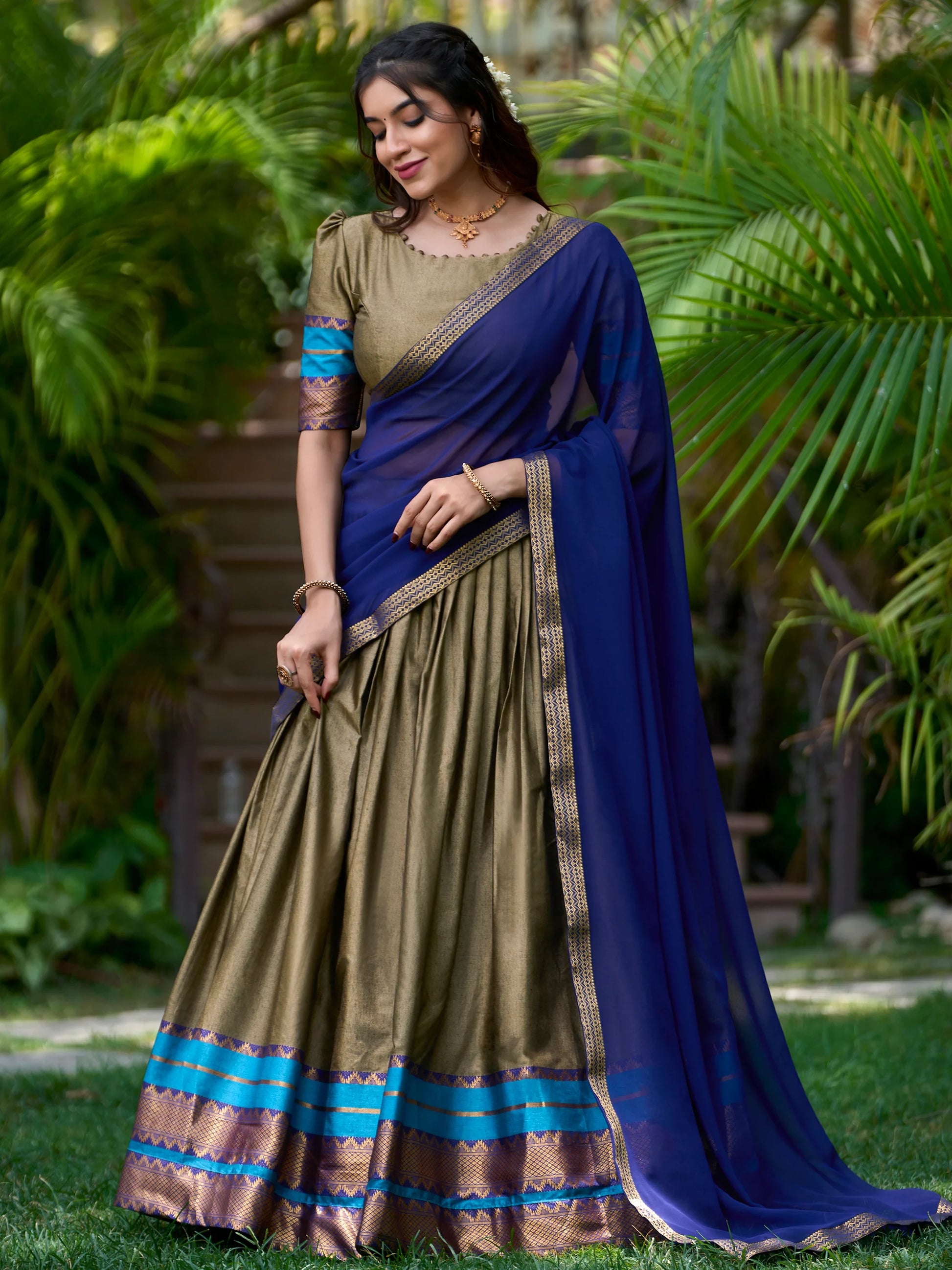 Attractive Olive Green Zari Weaving Cotton Traditional Half Saree Lehenga - Zeel Clothing
