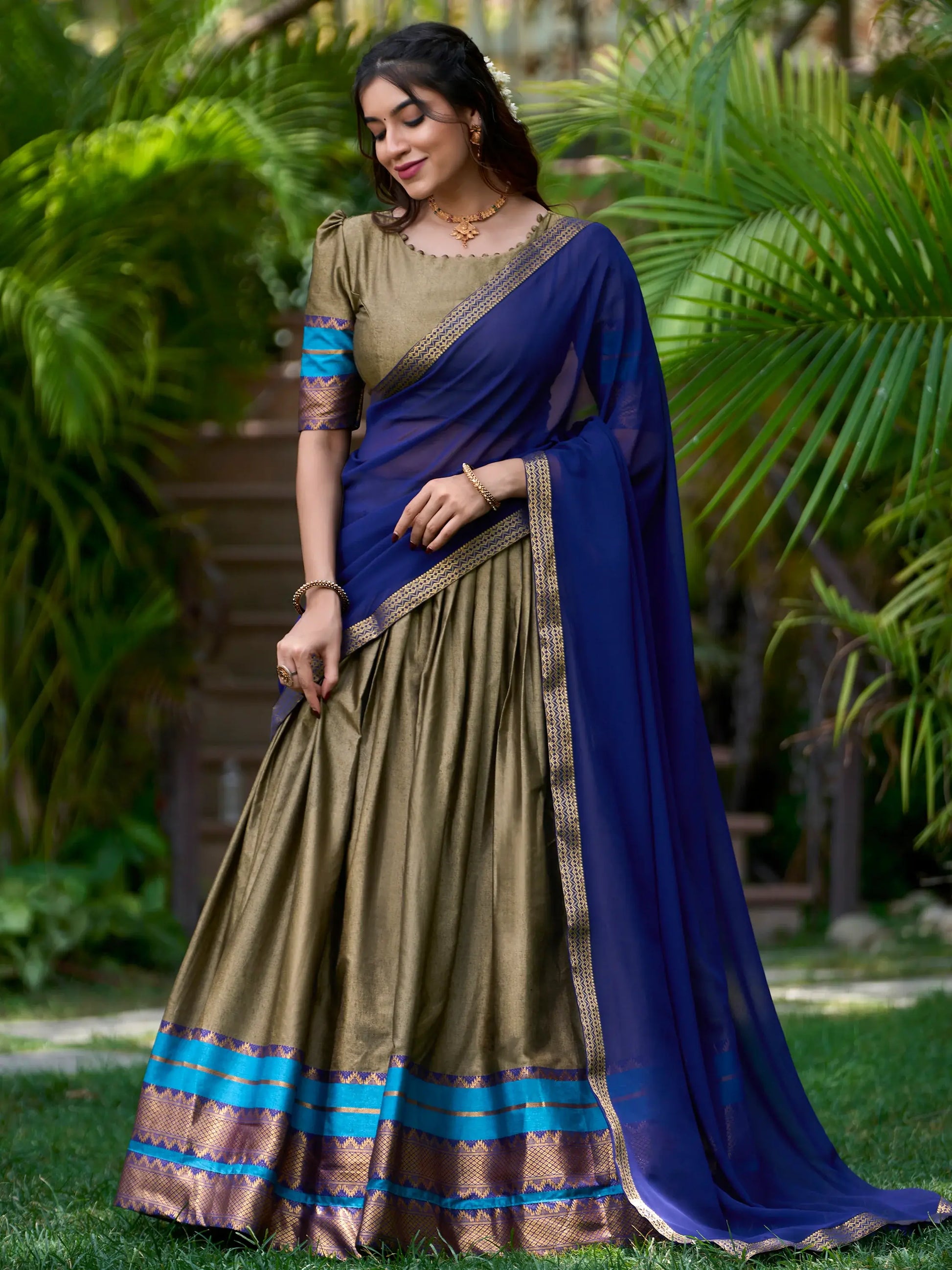 Attractive Olive Green Zari Weaving Cotton Traditional Half Saree Lehenga - Zeel Clothing