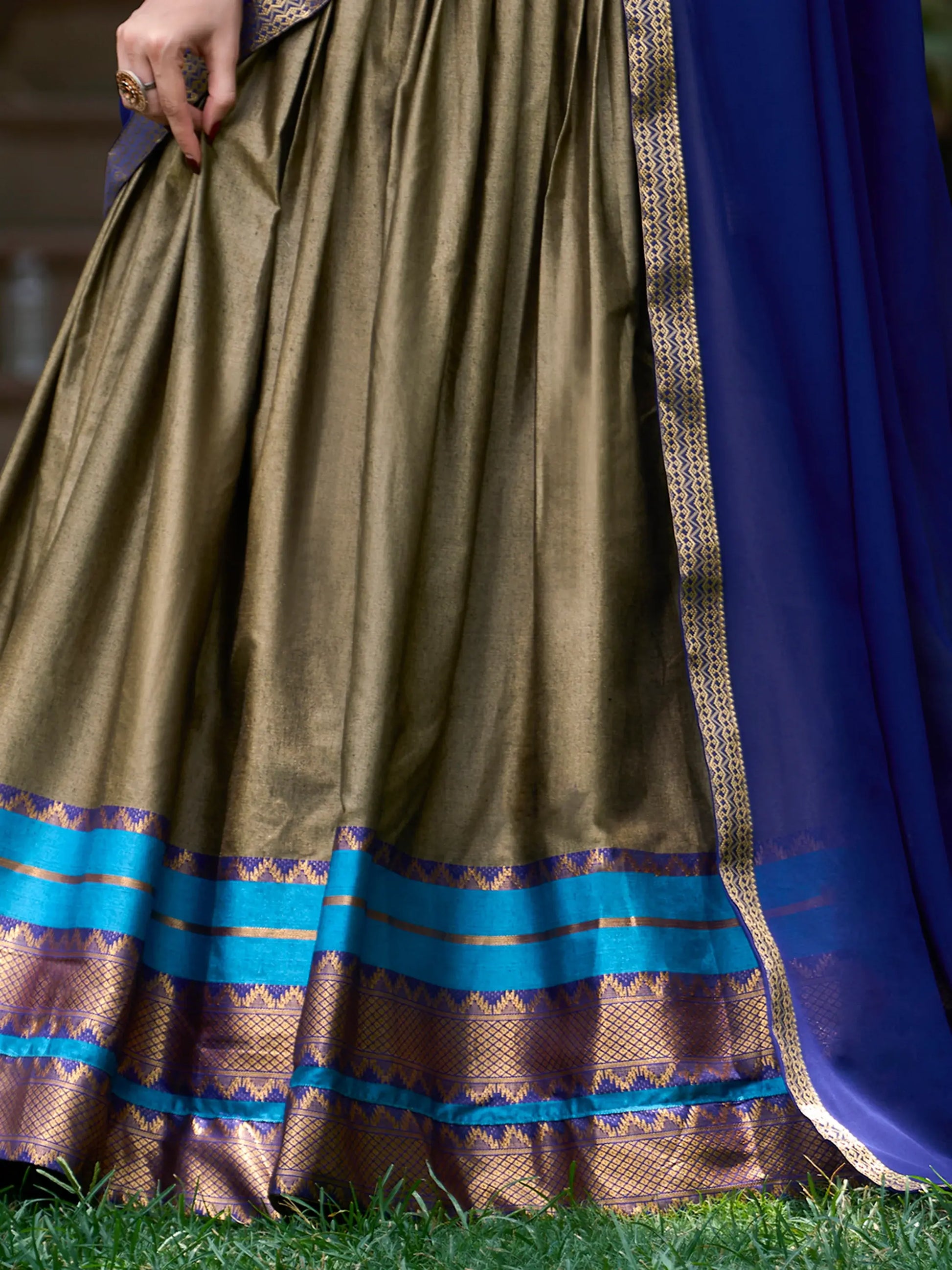 Attractive Olive Green Zari Weaving Cotton Traditional Half Saree Lehenga - Zeel Clothing
