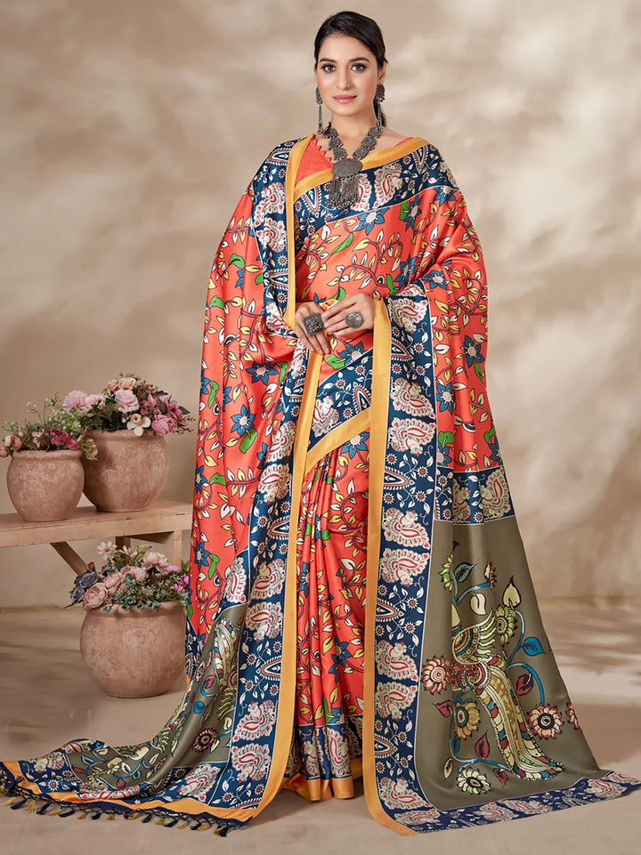 Attractive Orange Digital Printed Pashmina Event Wear Saree With Shawl - Zeel Clothing