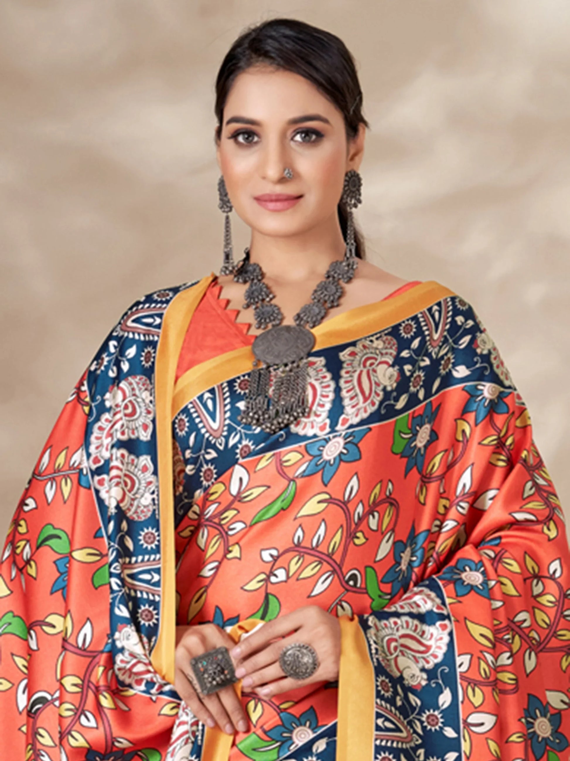 Attractive Orange Digital Printed Pashmina Event Wear Saree With Shawl - Zeel Clothing