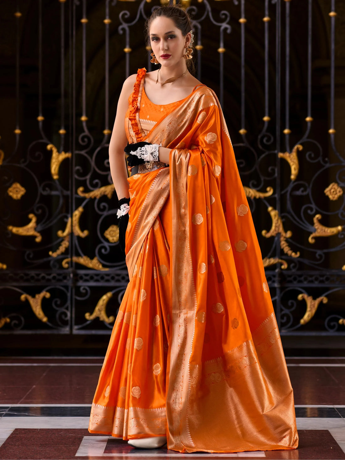 Attractive Orange Zari Weaving Silk Event Wear Saree With Blouse - Zeel Clothing