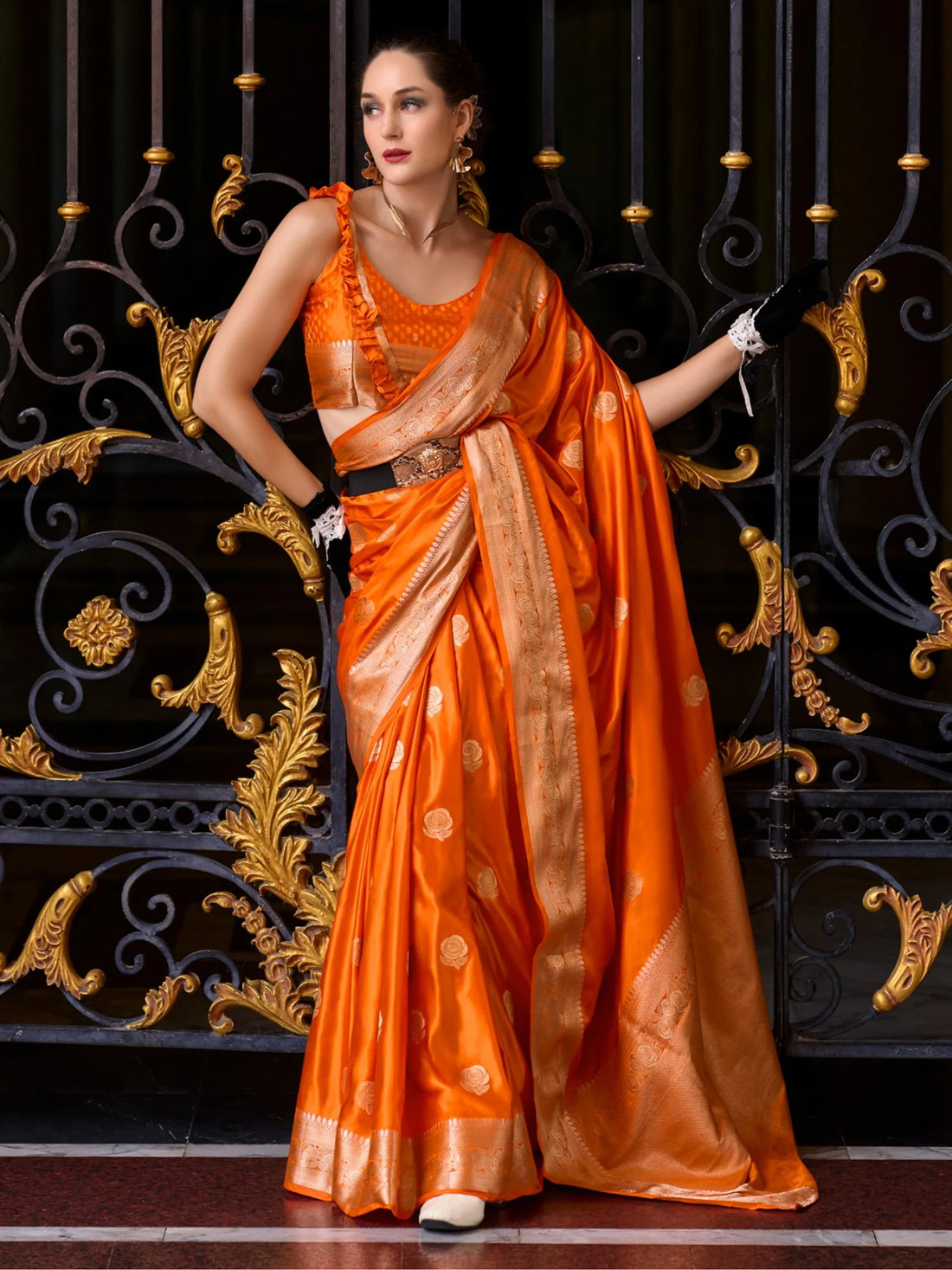 Attractive Orange Zari Weaving Silk Event Wear Saree With Blouse - Zeel Clothing