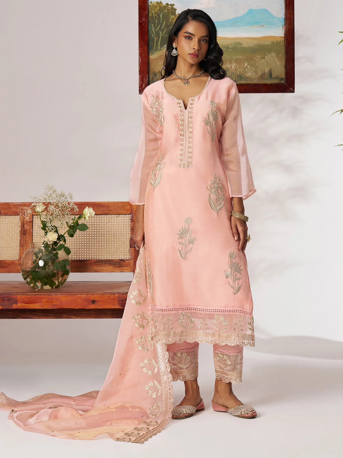 Attractive Peach Embroidered Organza Festive Wear Pant Suit With Dupatta - Zeel Clothing