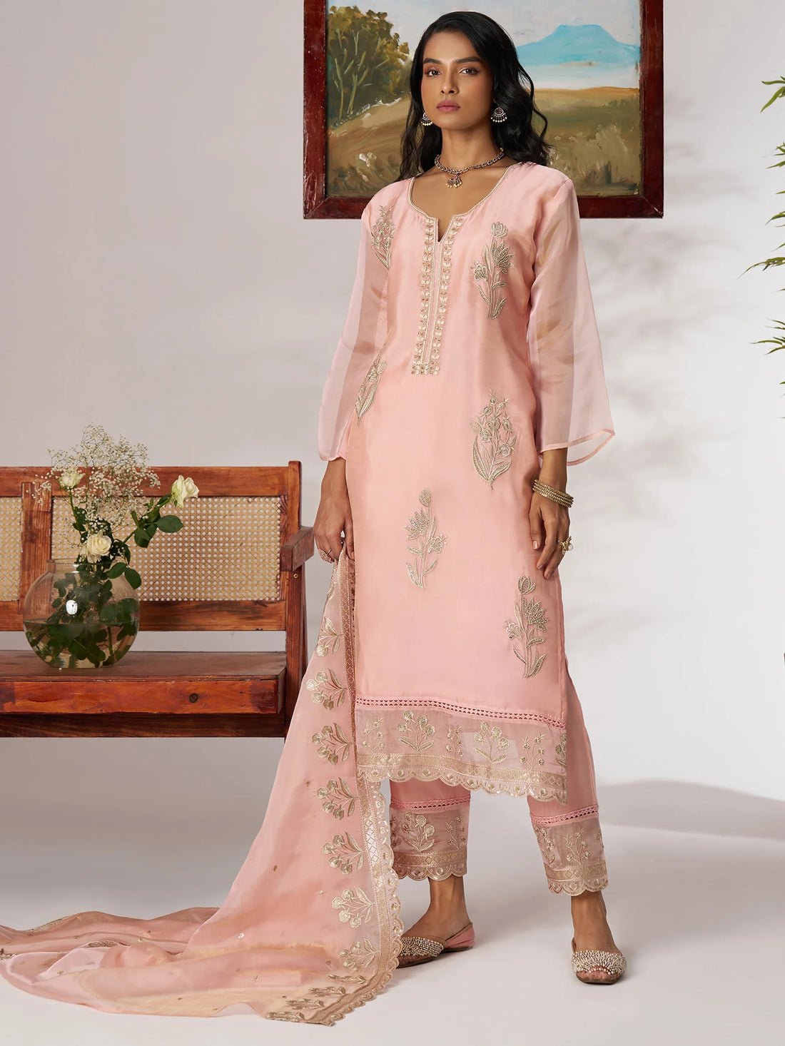 Attractive Peach Embroidered Organza Festive Wear Pant Suit With Dupatta - Zeel Clothing