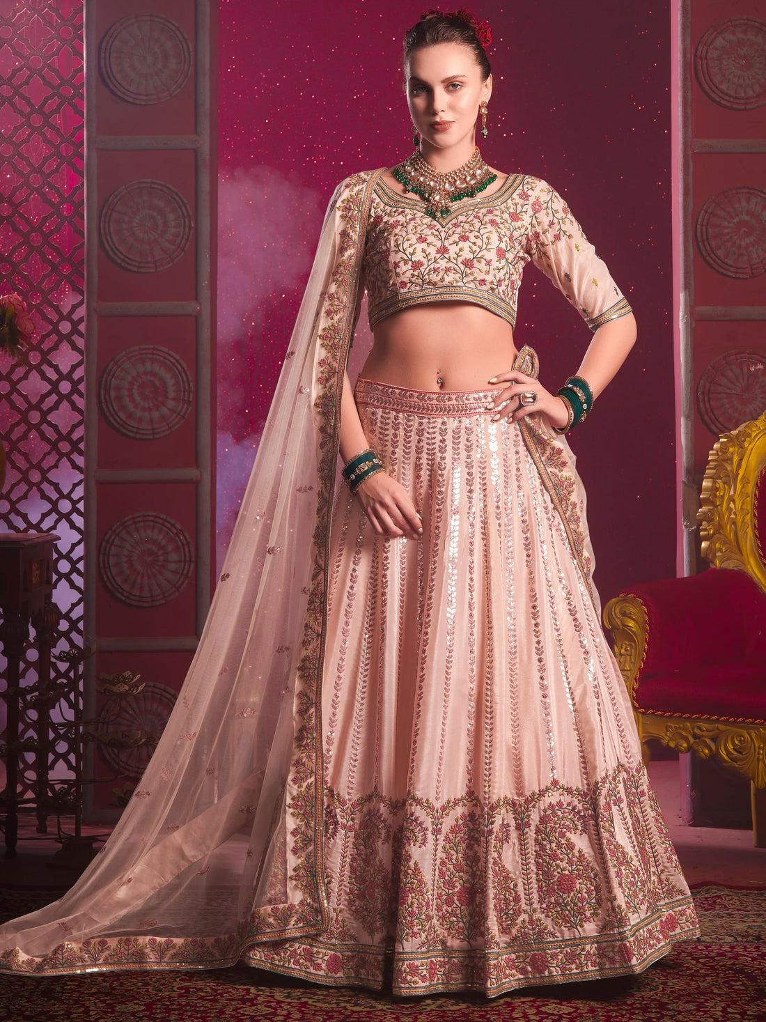Attractive Peach Embroidered Silk Lehenga Choli With Dupatta - Zeel Clothing