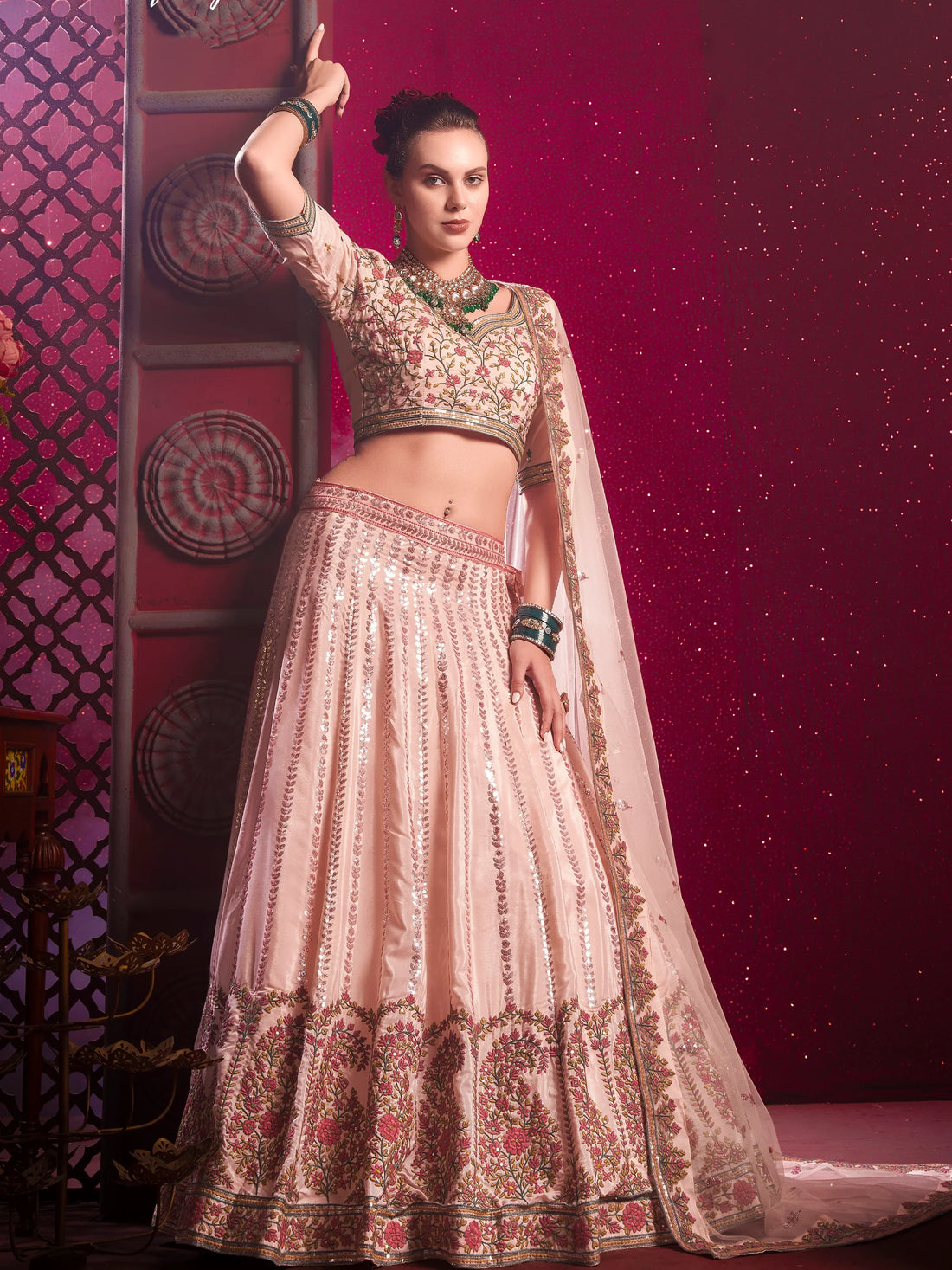 Attractive Peach Embroidered Silk Lehenga Choli With Dupatta - Zeel Clothing