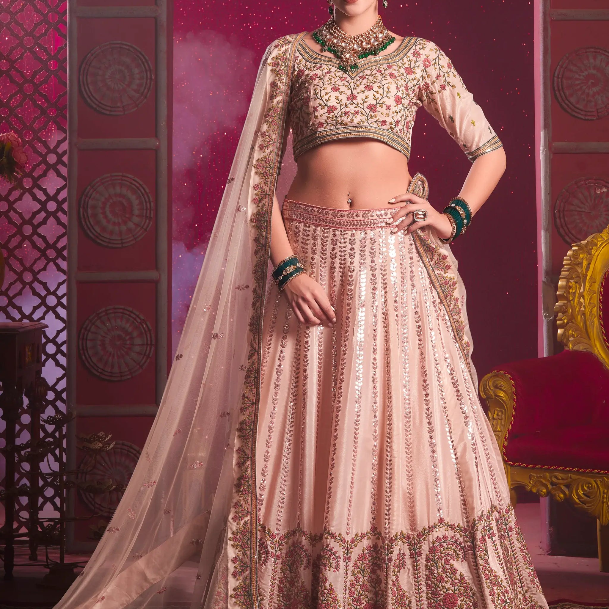 Attractive Peach Embroidered Silk Lehenga Choli With Dupatta - Zeel Clothing