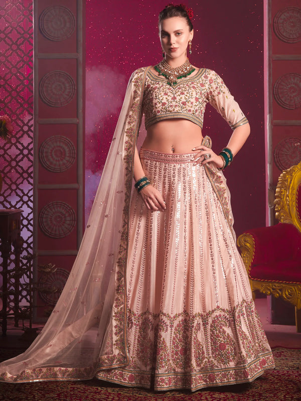 Attractive Peach Embroidered Silk Lehenga Choli With Dupatta - Zeel Clothing