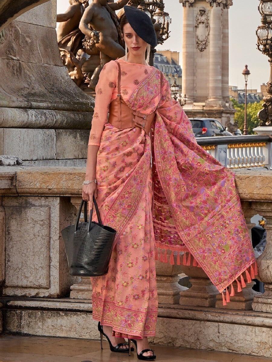 Attractive Peach Floral Woven Organza Festive Wear Saree With Blouse