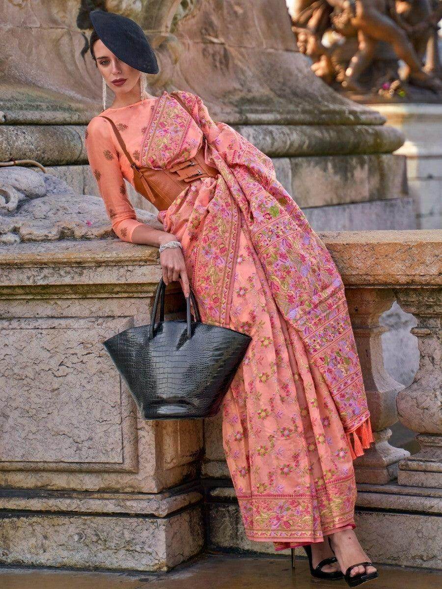 Attractive Peach Floral Woven Organza Festive Wear Saree With Blouse - Zeel Clothing