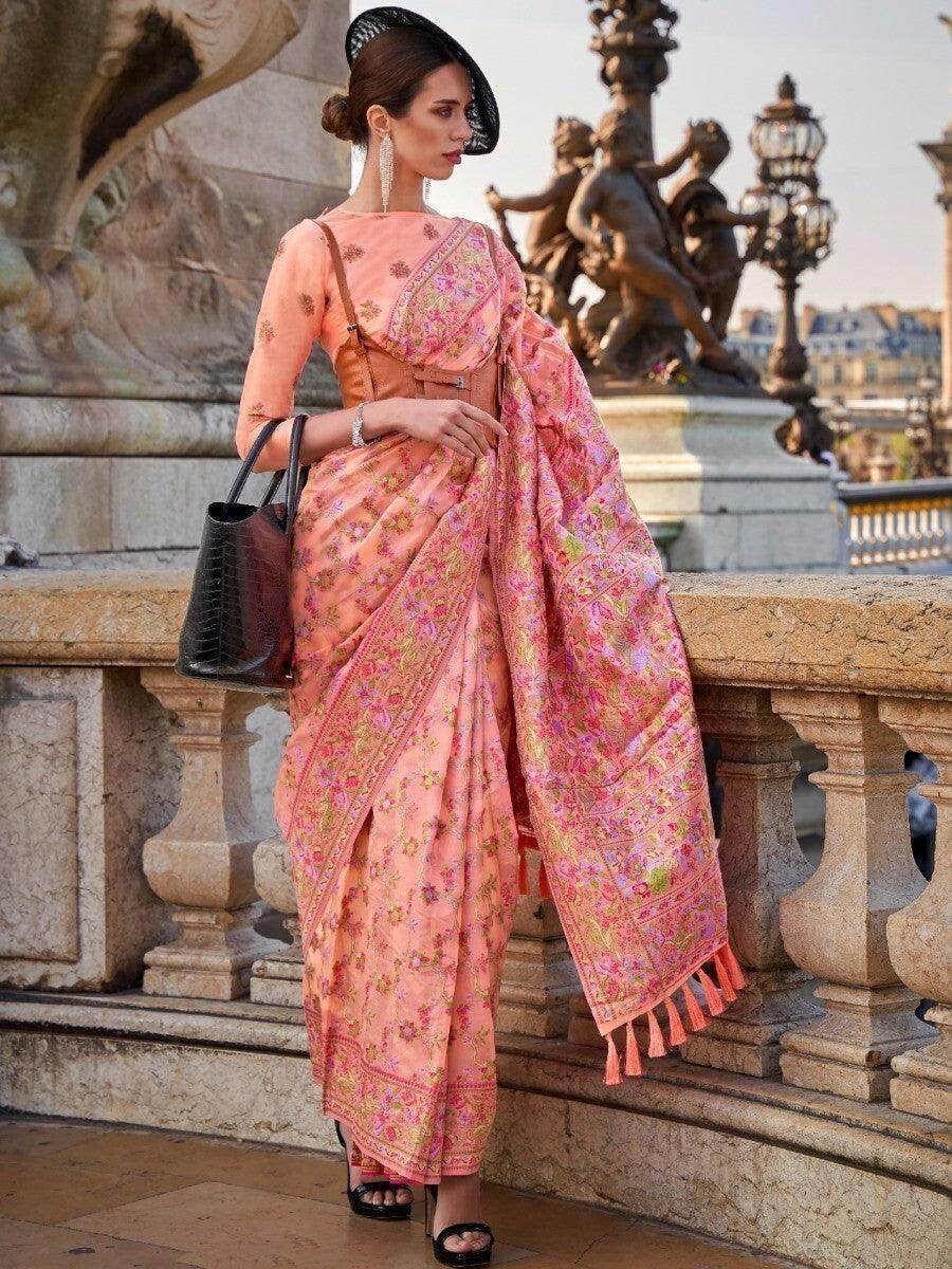 Attractive Peach Floral Woven Organza Festive Wear Saree With Blouse - Zeel Clothing