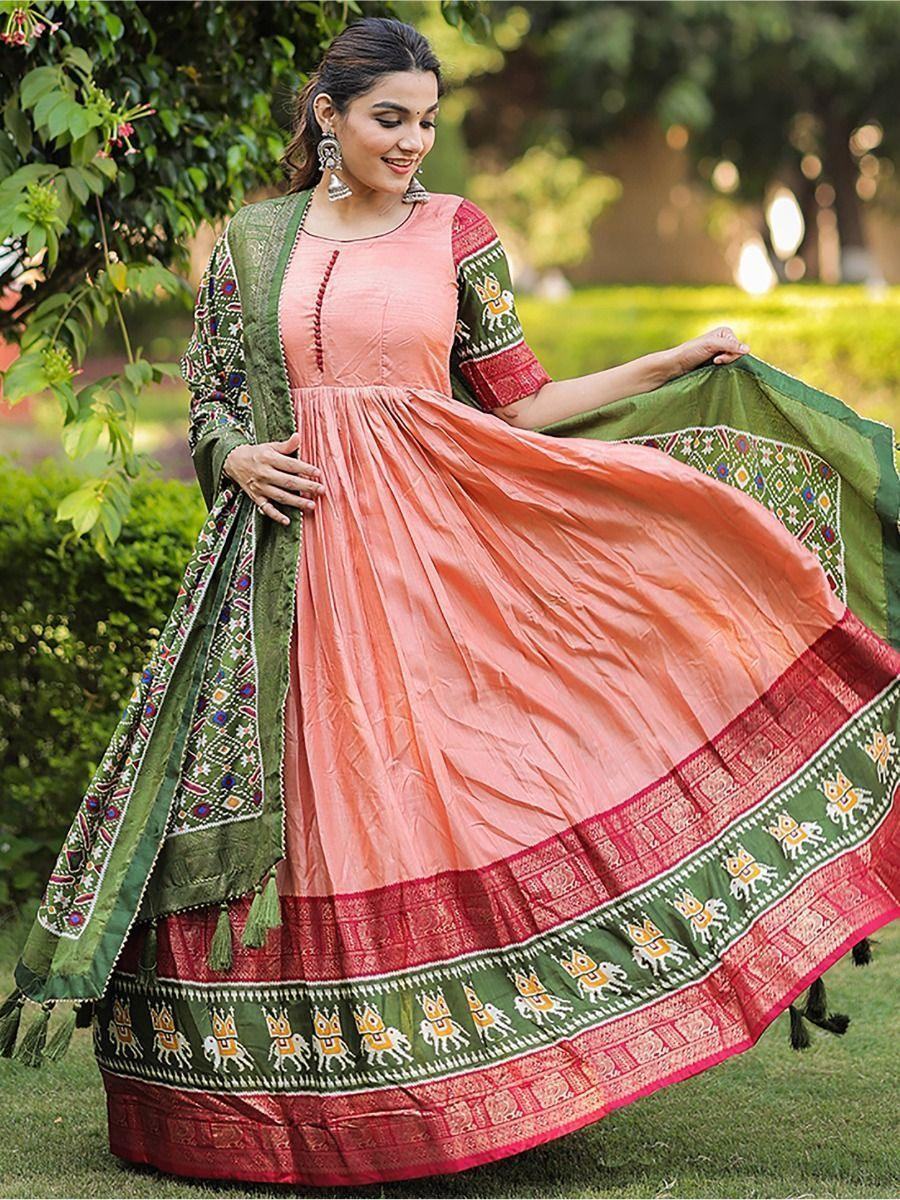 Attractive Peach Foil Print Dola Silk Event Wear Gown With Dupatta