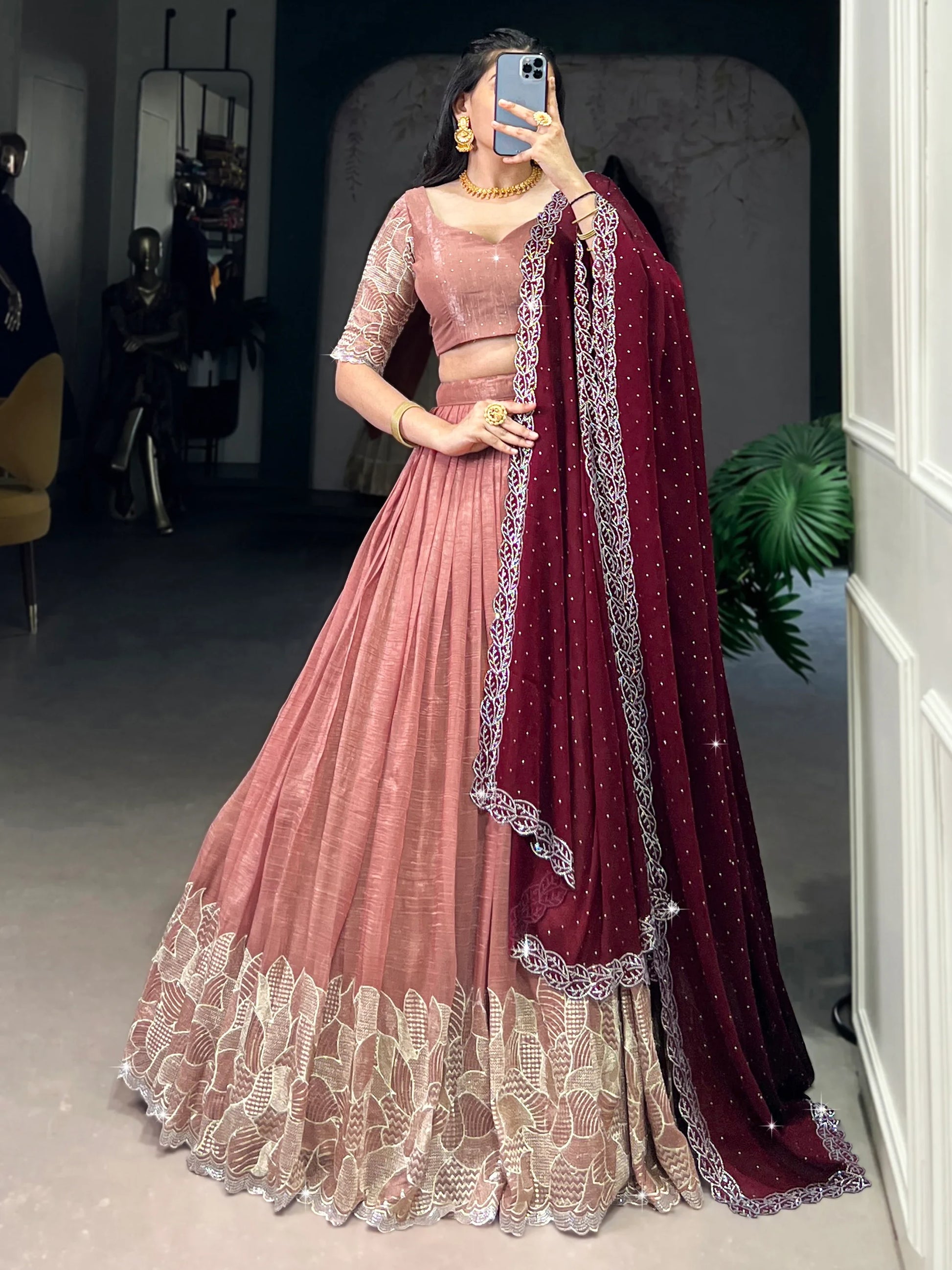 Attractive Peach Thread Embroidered Organza Lehenga Choli - Zeel Clothing