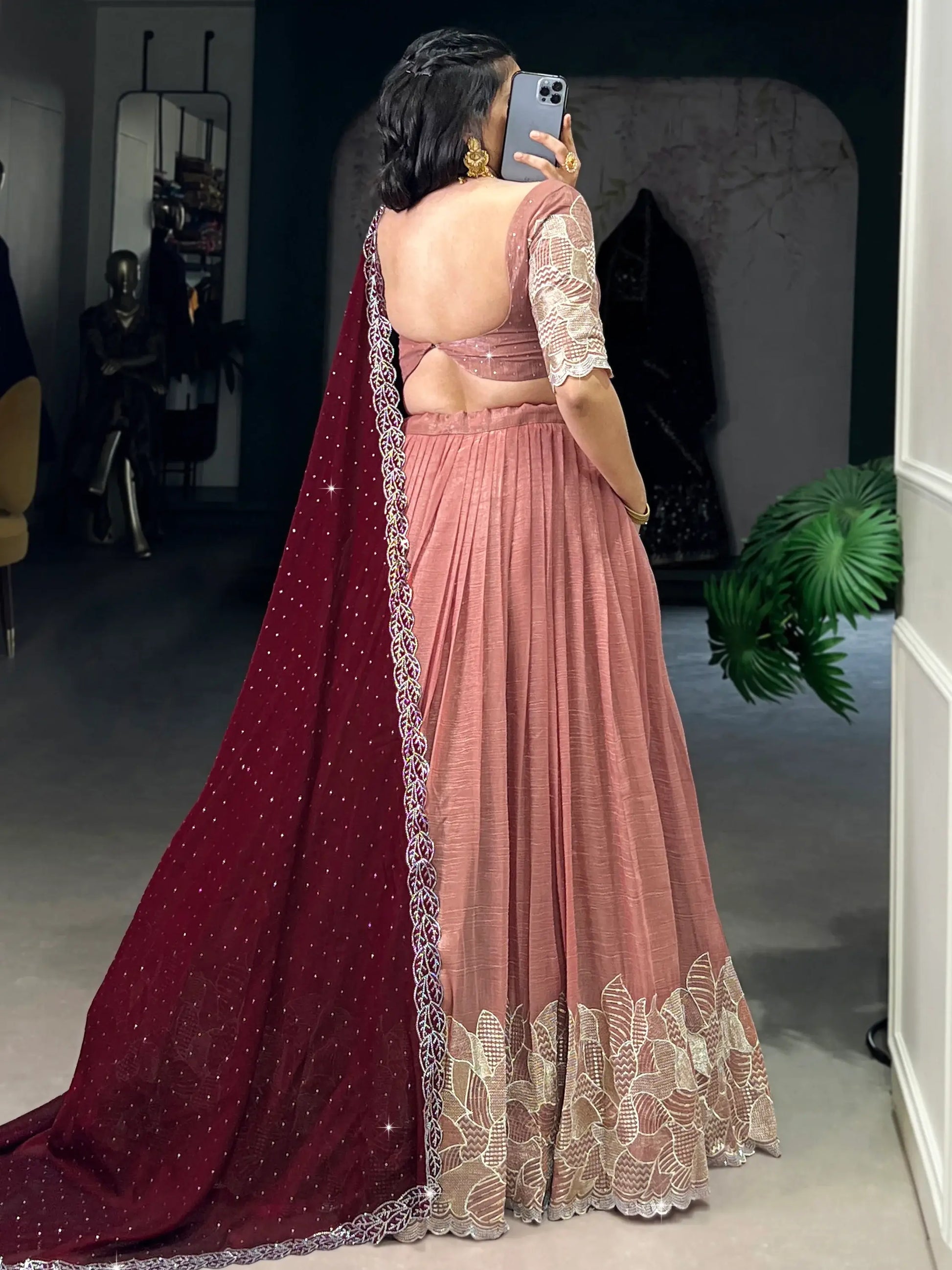 Attractive Peach Thread Embroidered Organza Lehenga Choli - Zeel Clothing