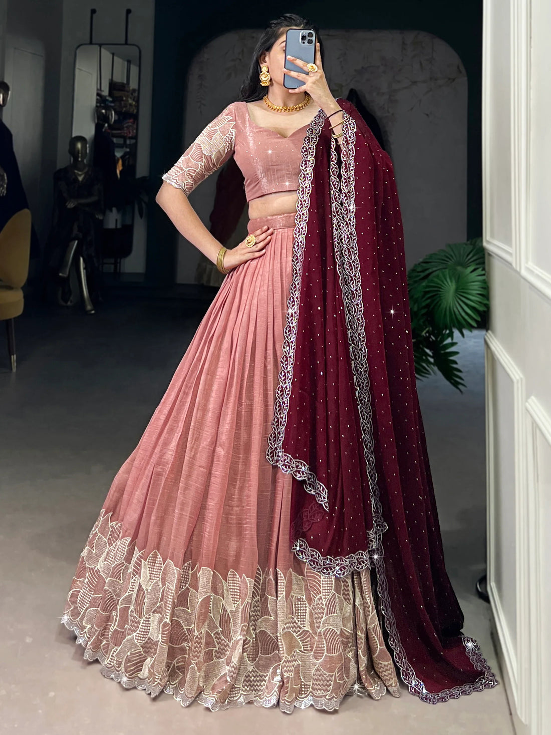 Attractive Peach Thread Embroidered Organza Lehenga Choli - Zeel Clothing