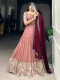 Attractive Peach Thread Embroidered Organza Lehenga Choli - Zeel Clothing