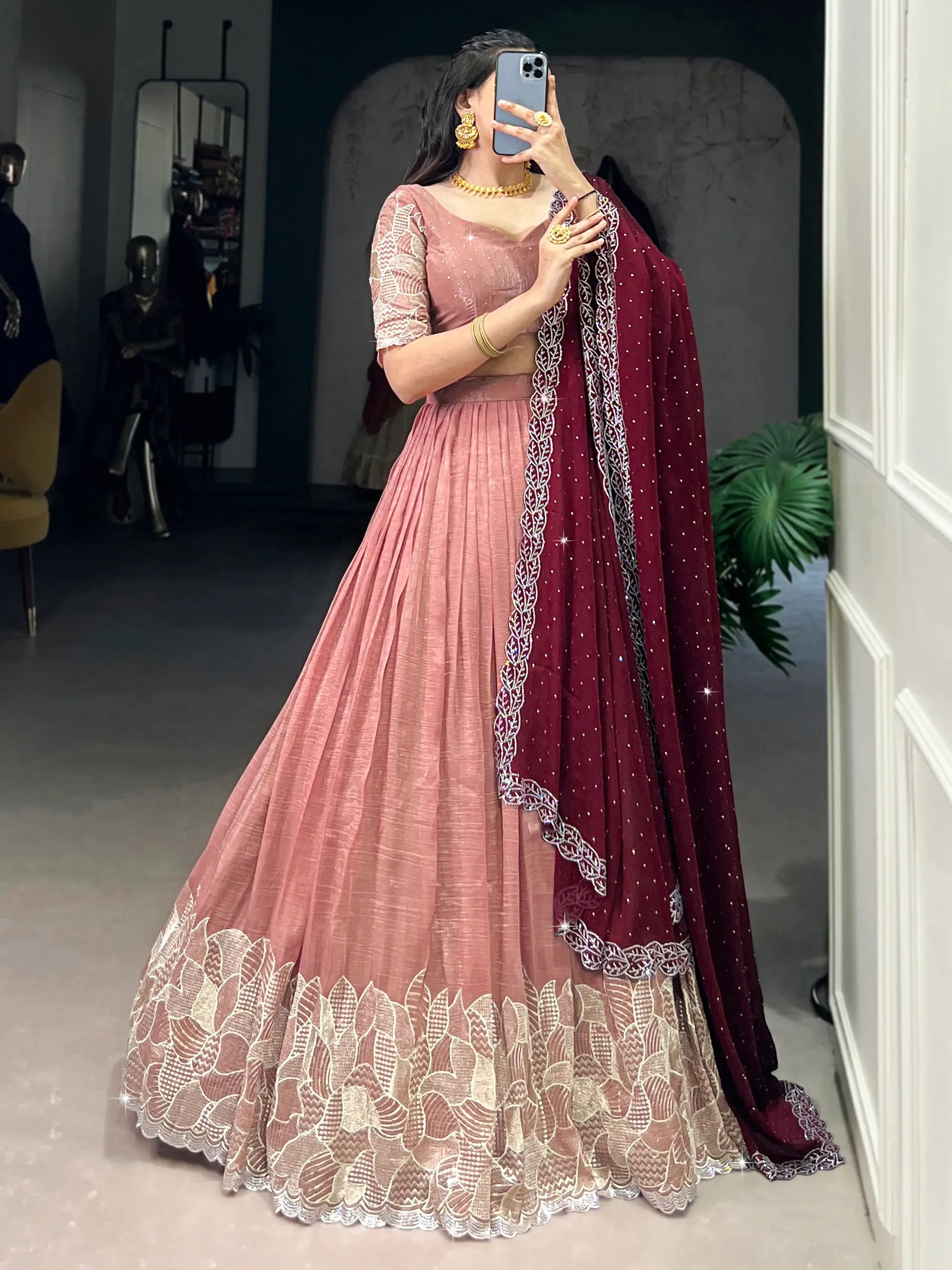Attractive Peach Thread Embroidered Organza Lehenga Choli - Zeel Clothing
