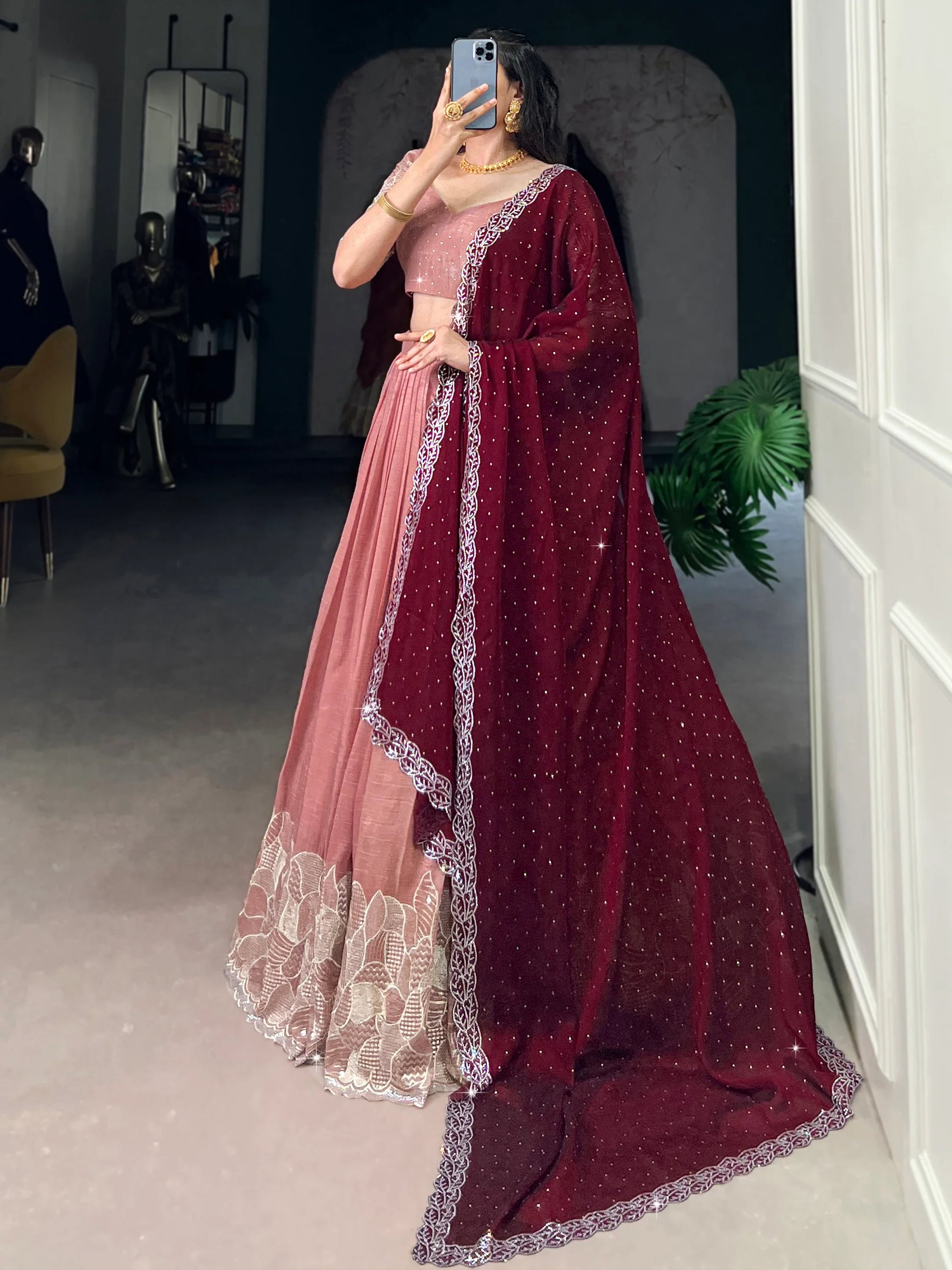 Attractive Peach Thread Embroidered Organza Lehenga Choli - Zeel Clothing