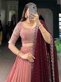 Attractive Peach Thread Embroidered Organza Lehenga Choli - Zeel Clothing