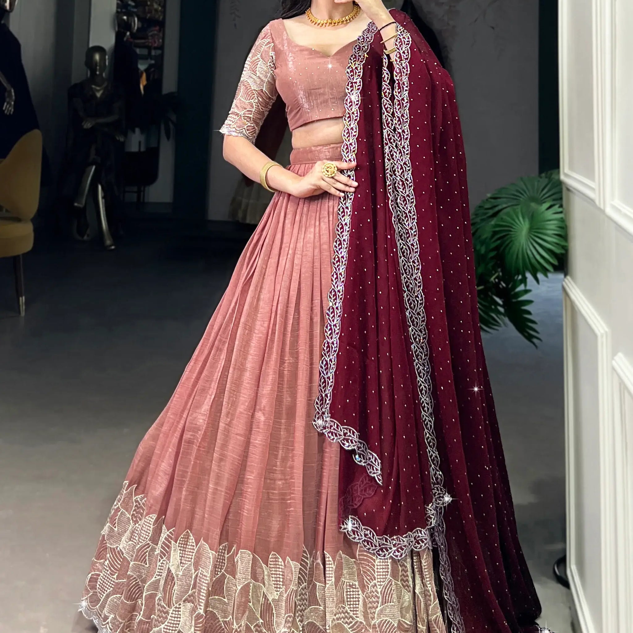 Attractive Peach Thread Embroidered Organza Lehenga Choli - Zeel Clothing