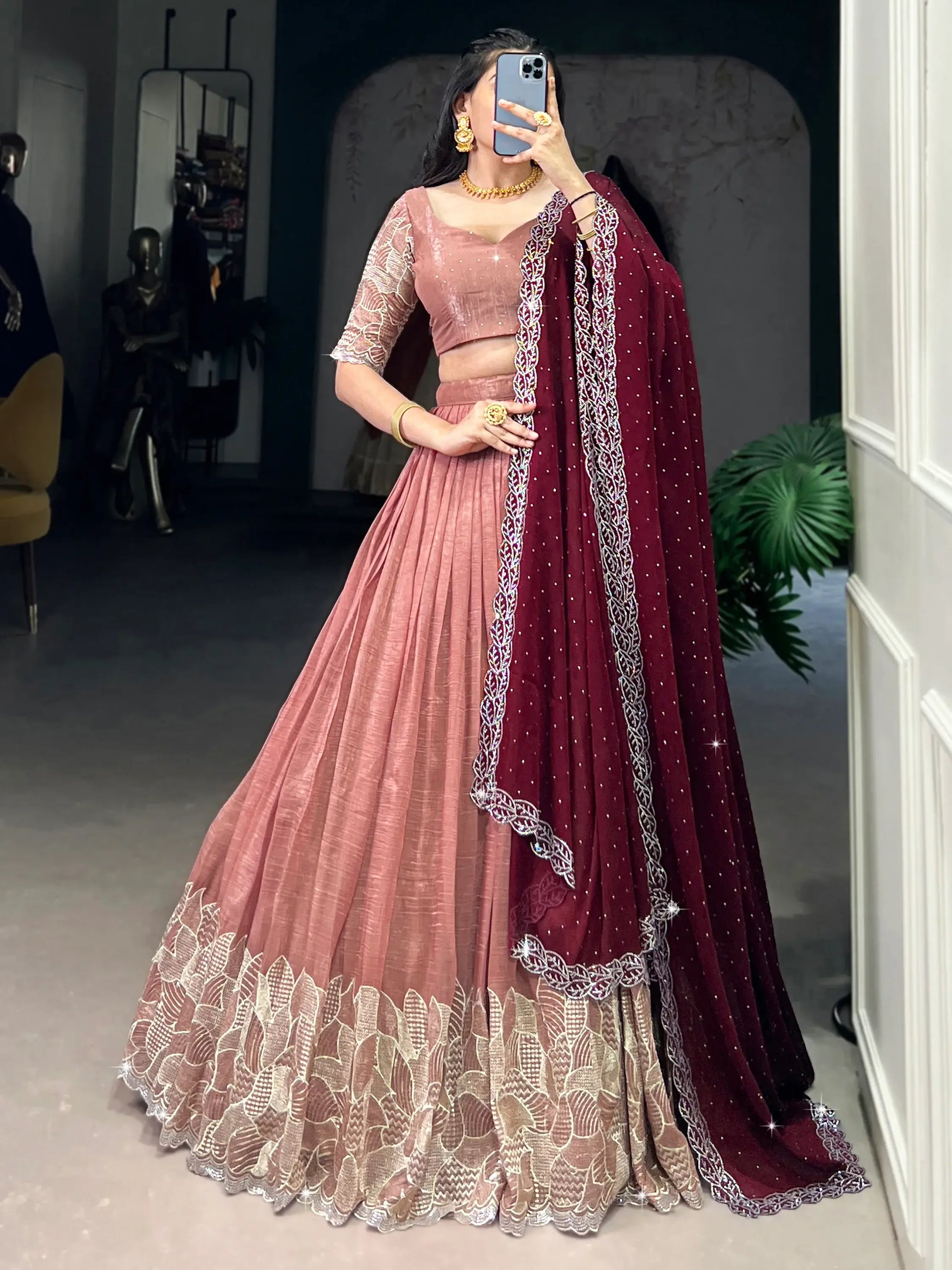 Attractive Peach Thread Embroidered Organza Lehenga Choli - Zeel Clothing