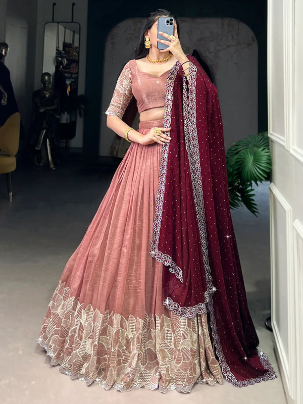 Attractive Peach Thread Embroidered Organza Lehenga Choli - Zeel Clothing