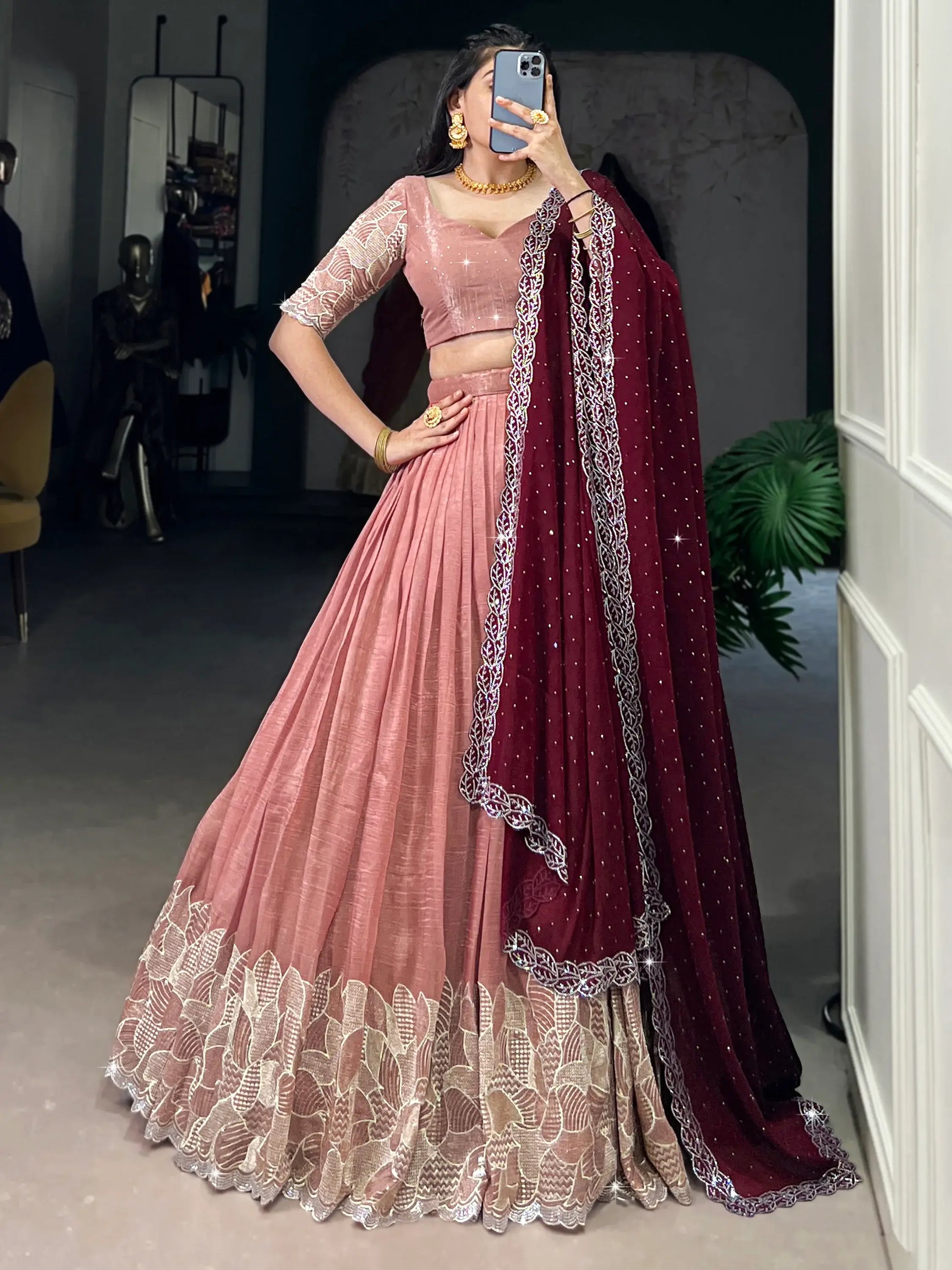 Attractive Peach Thread Embroidered Organza Lehenga Choli - Zeel Clothing