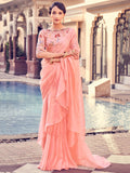 Attractive Peach Thread Work Organza Party Wear Saree With Blouse - Zeel Clothing