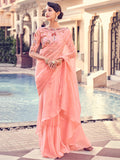 Attractive Peach Thread Work Organza Party Wear Saree With Blouse - Zeel Clothing