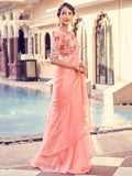 Attractive Peach Thread Work Organza Party Wear Saree With Blouse - Zeel Clothing